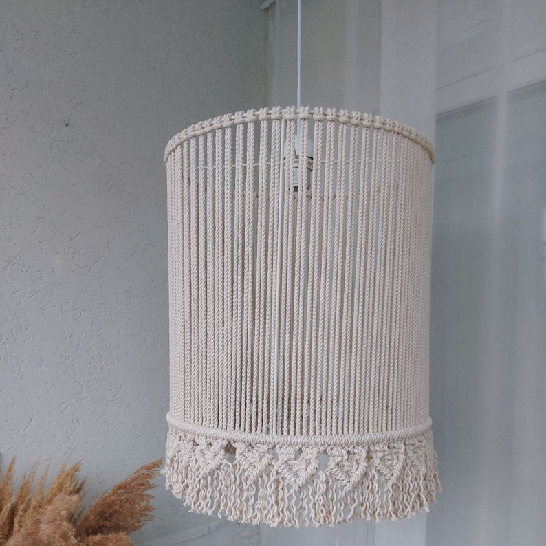 Macrame lampshade hanging against a light gray wall with dried plants.