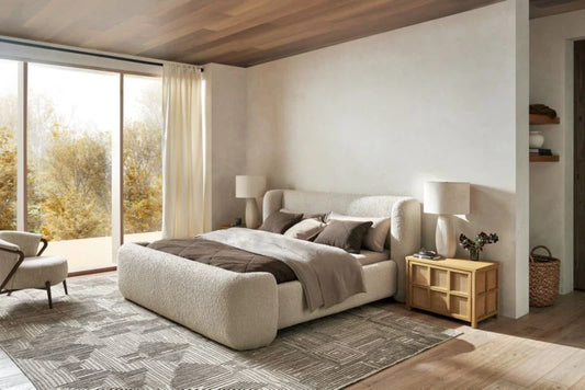 Bed - Natural Wood - Linen - Beige - 200 x 255 x 109 cm