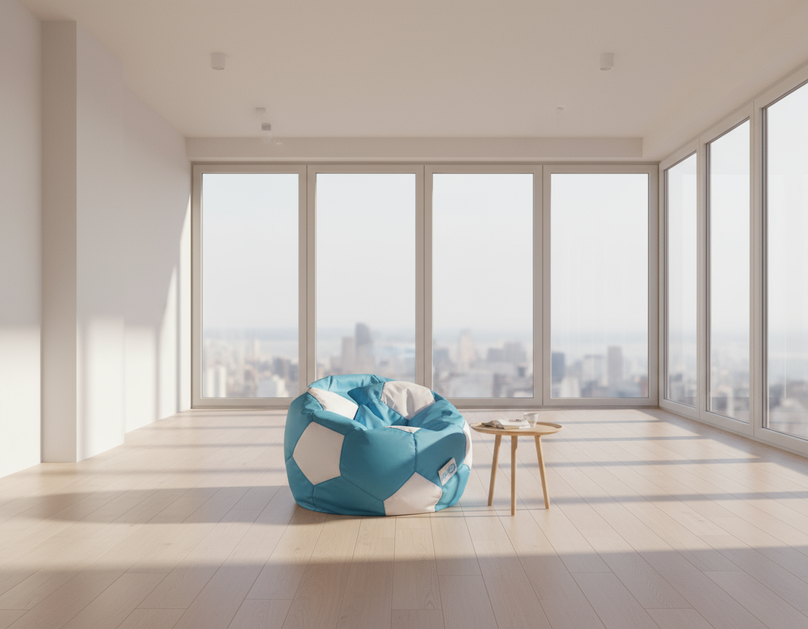 Blue and white bean bag chair with 'Chillax' branding on a light gray background