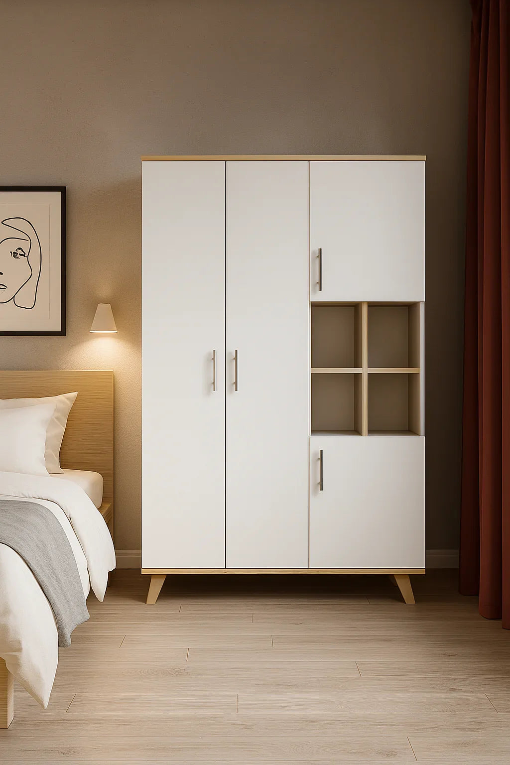 Wardrobe - MDF Wood - White & Beige - 140x50x185 cm - Cataloug