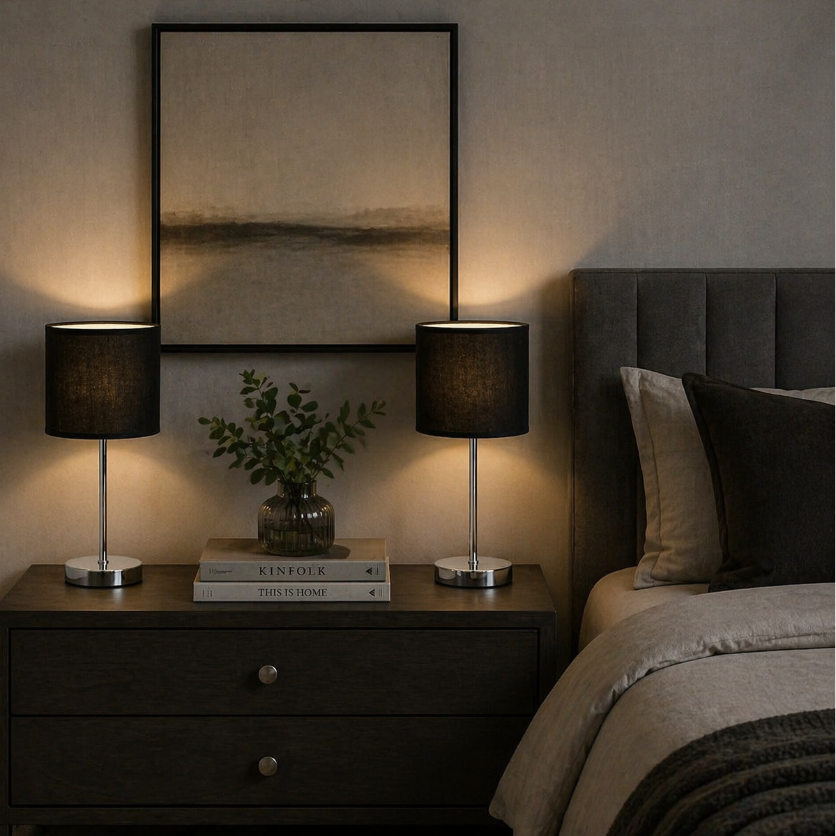 Desk Lamp - Metal & Linen - Black & Silver - 45 x 25 cm