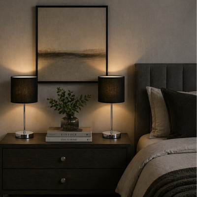 Desk Lamp - Metal & Linen - Black & Silver - 45 x 25 cm