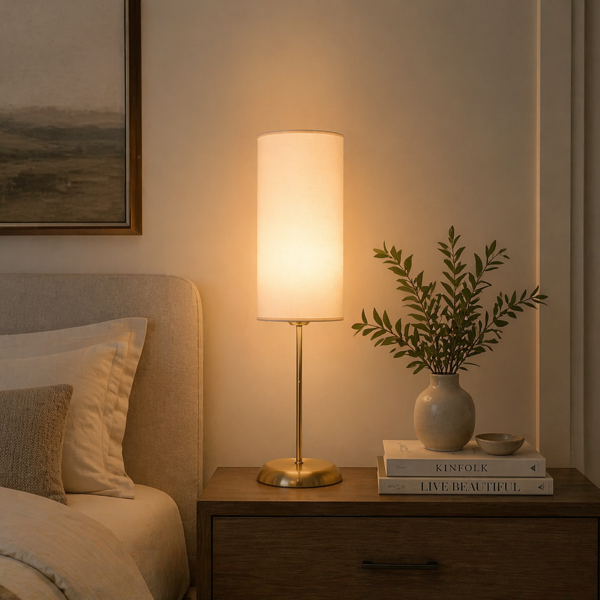 Desk Lamp - Metal & Linen - Gold & White - 45 x 13 cm