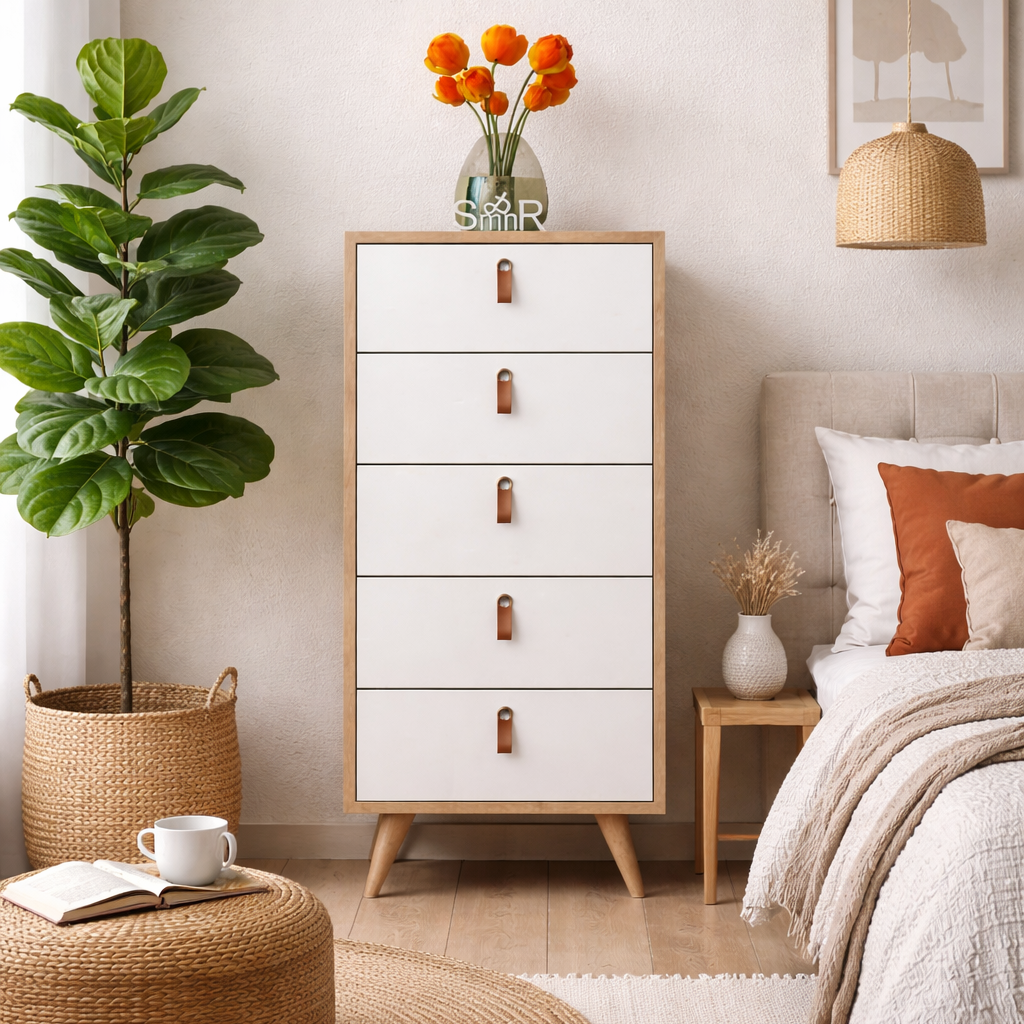 Drawers Unit - MDF  Wood - White & Beige - 50x40x105 cm