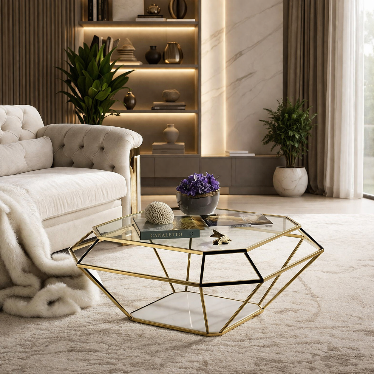 ترابيزة قهوة - ستيل - زجاج - دهبي - 70×70×50 سم