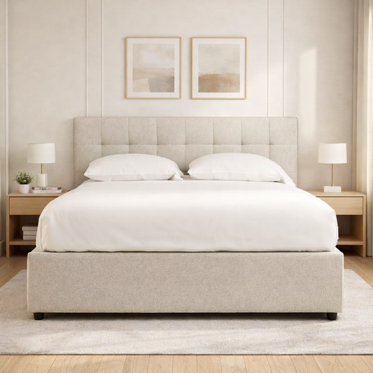 Bed - Natural Wood - Linen - Grey - 112 x 211 x 117 cm