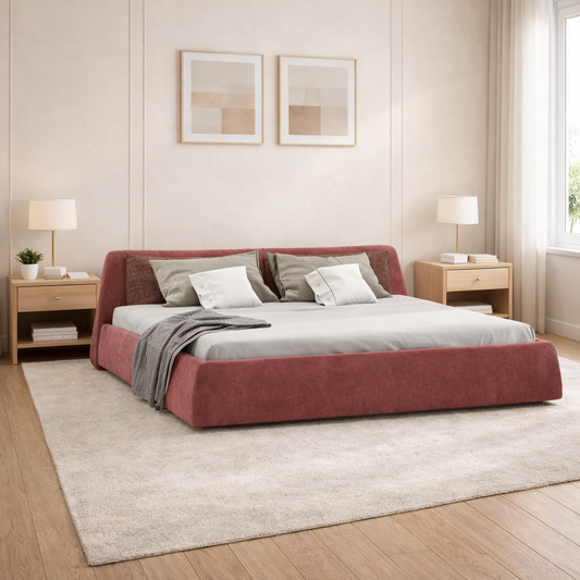Bed - Natural Wood - Multi Fabrics -  Pink - 215 x 220 x 82 x 36 cm