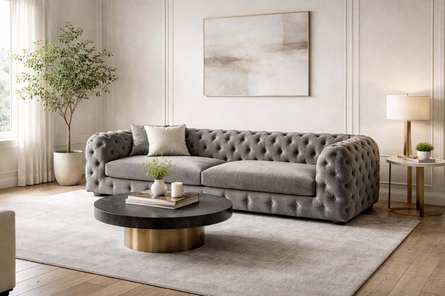 Sofa - Natural Wood - Velvet Fabric - 225*90 cm