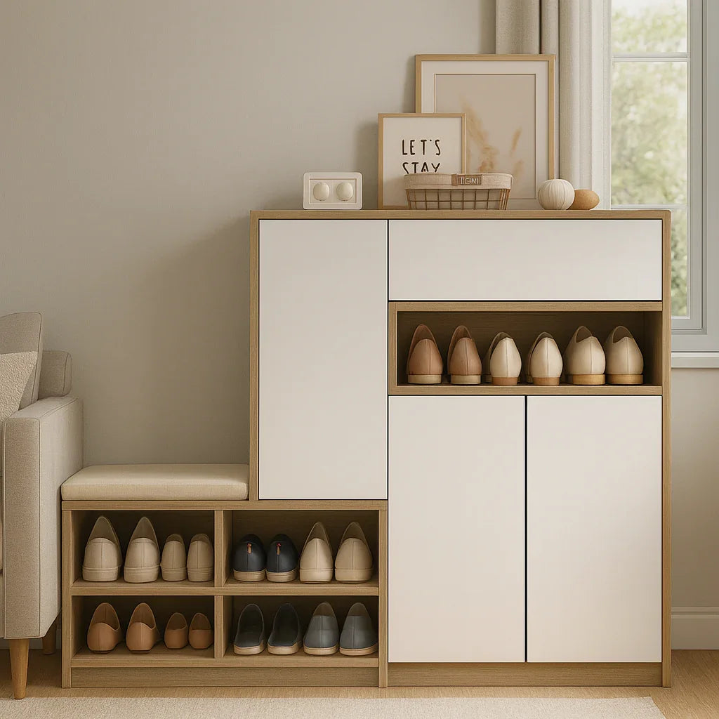 Shoe Rack - MDF wood - Beige & White - 140x40x100 cm - Cataloug