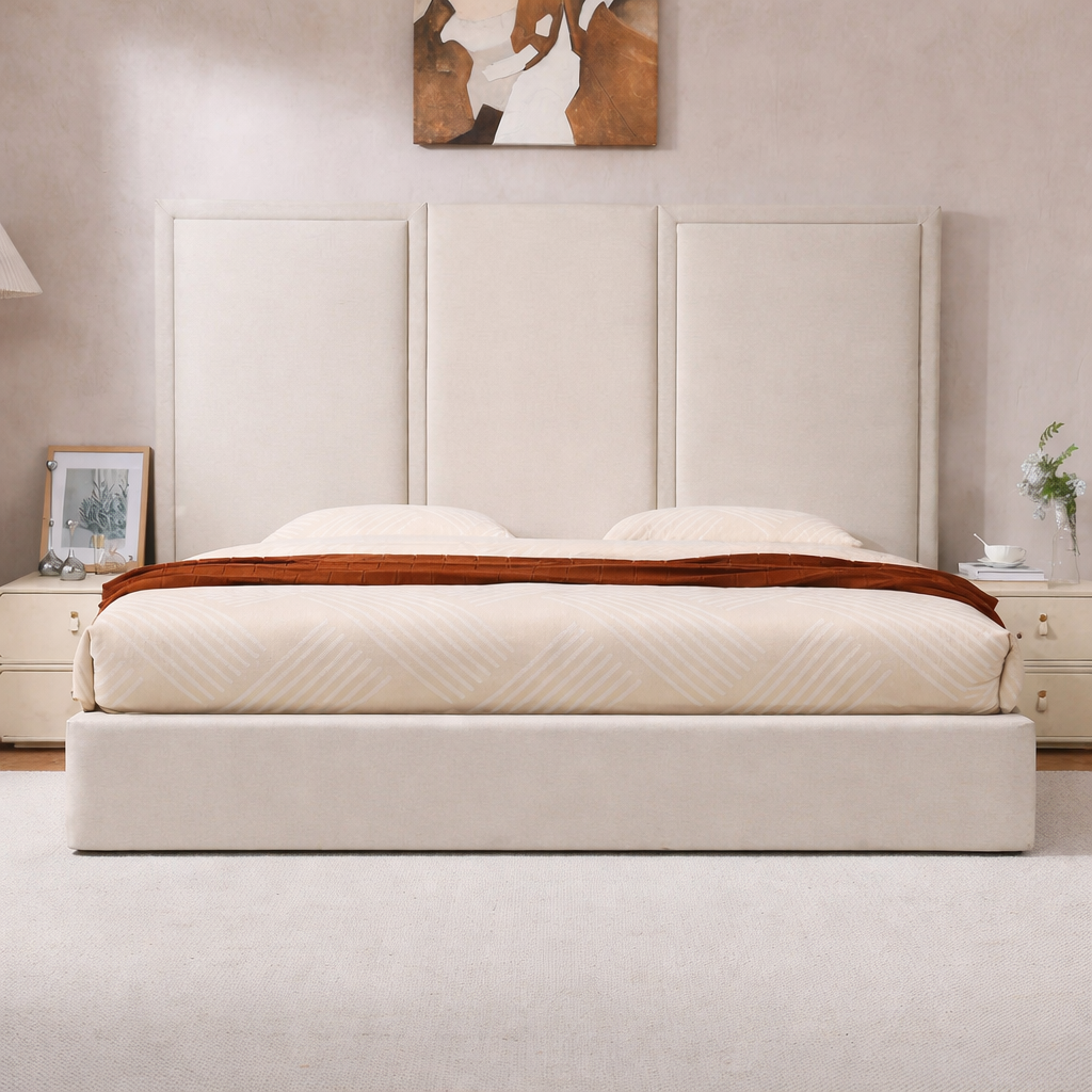 Bed - MDF - Velvet - Beige - Multi Size