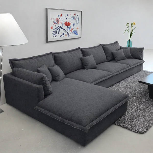 Sofa L Shape - Natural Wood - Linen Fabric - Grey - 300x180x85 cm