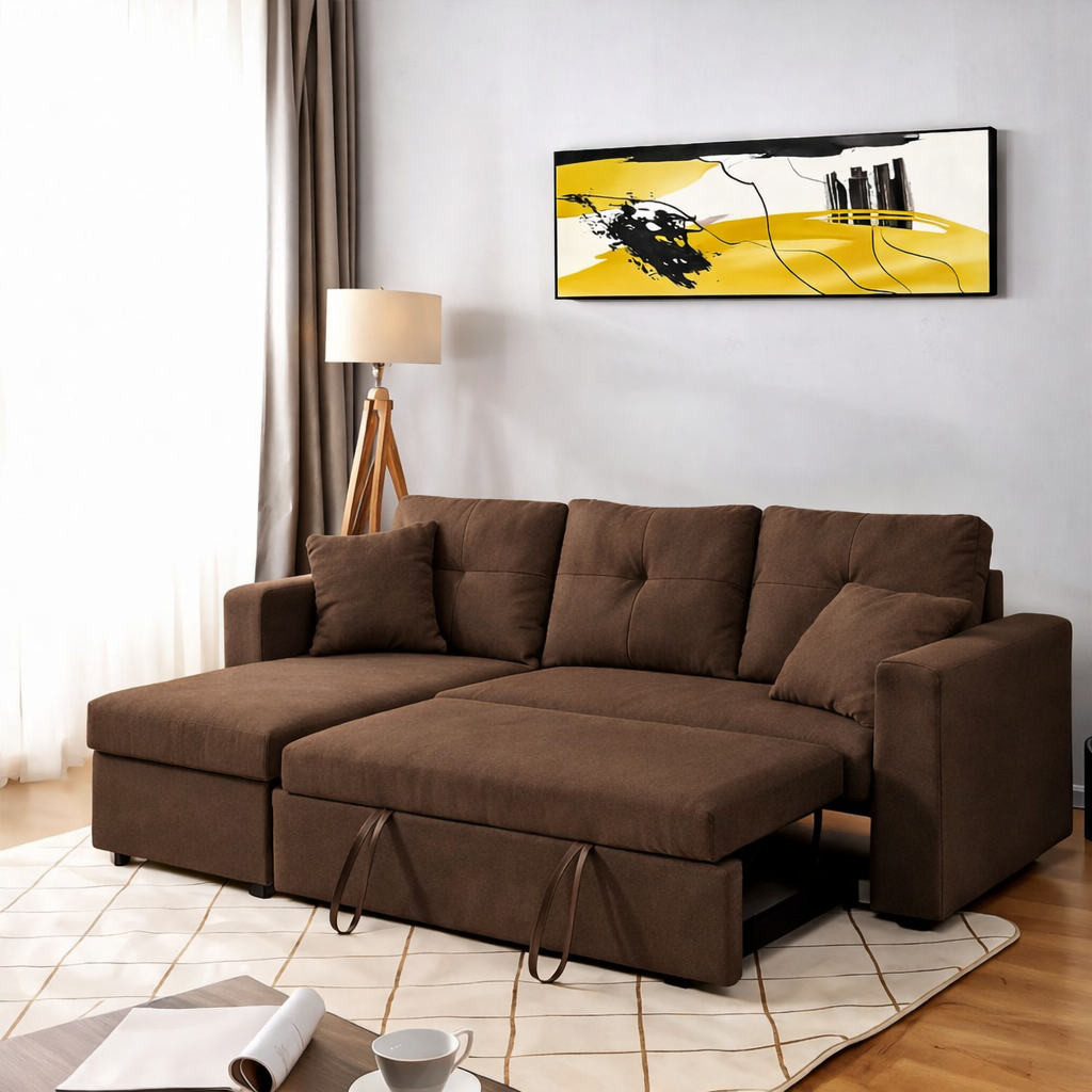 Sofa Bed - Natural Wood - Multi Color - Linen -  280x90x150 cm