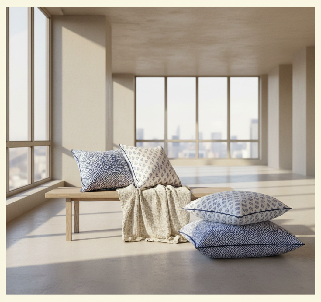 Two pillows with blue and white patterns on a neutral background