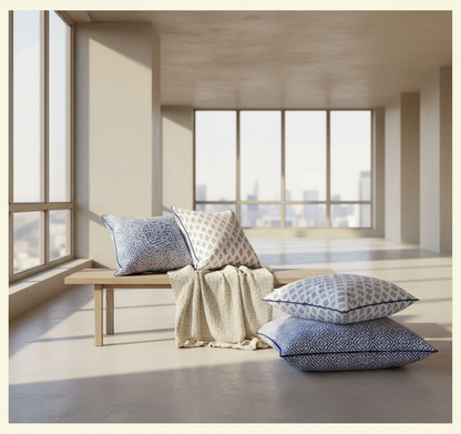 Two pillows with blue and white patterns on a neutral background