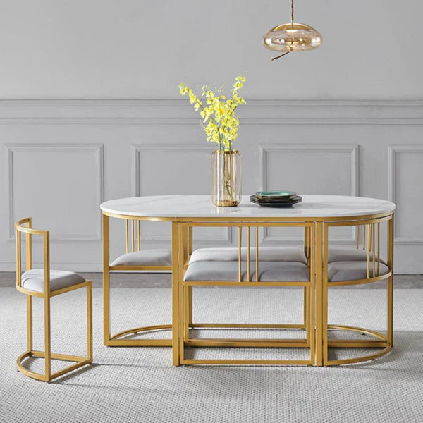 Dining Table - 6 chairs - Steel & Marble - 135 x 80 x 80 cm