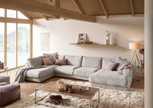 Sofa U Shape - Natural Wood - Multi Fabrics - Grey - 350 x 180 x 160 x 90 x 80 cm