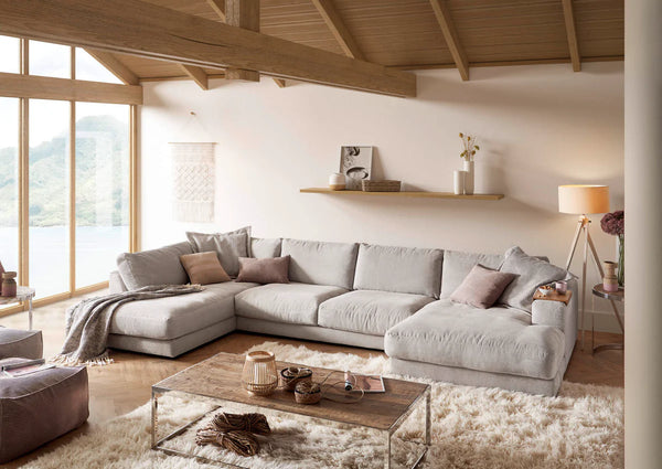Sofa U Shape - Natural Wood - Multi Fabrics - Grey - 350 x 180 x 160 x 90 x 80 cm