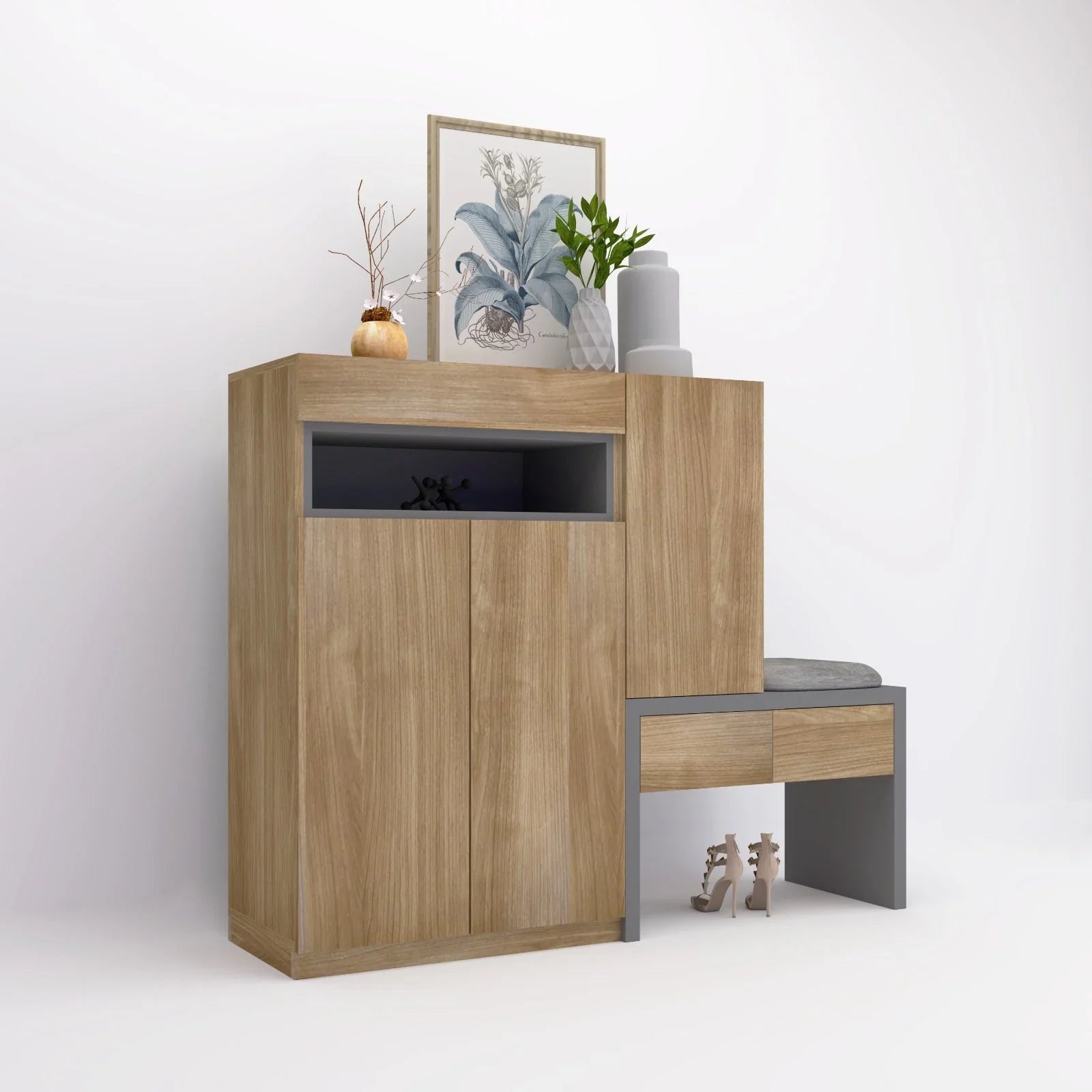 Shoe Cabinet - MDF Wood - Beige & Grey - 110x143x35 cm - Cataloug