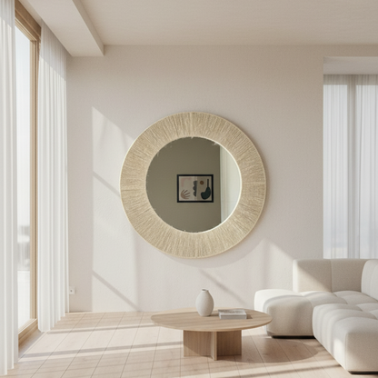 Round mirror with a textured beige frame on a white wall