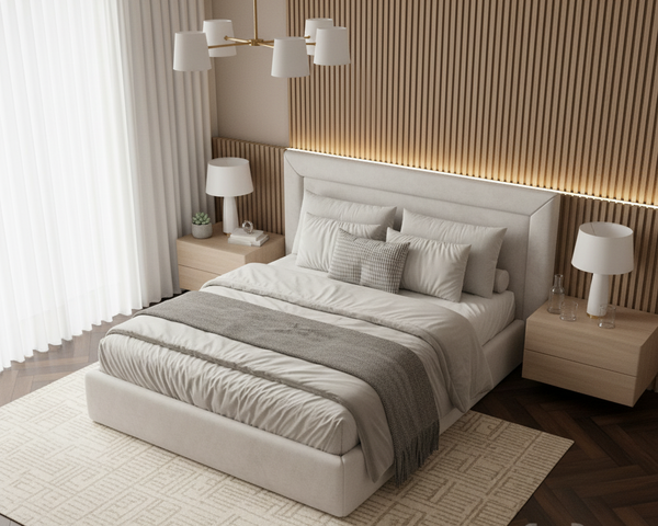 Modern bedroom with a bed, nightstands, and decorative elements.