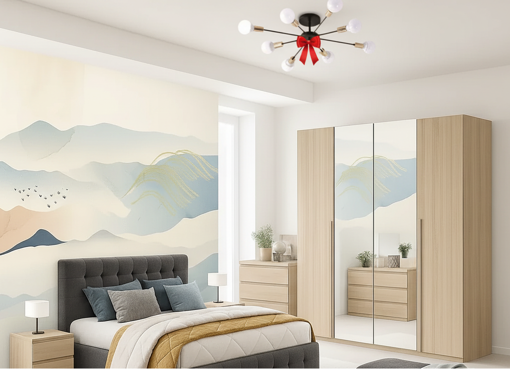 Full Bedroom & Free Chandelier - MDF Wood - Beige & Grey