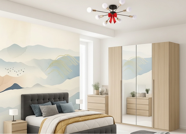 Full Bedroom & Free Chandelier - MDF Wood - Beige & Grey