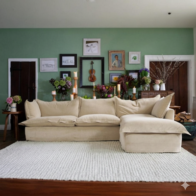 Sofa L Shape - Beech Wood - Linen Fabric - Beige - 275x180x80x80 cm