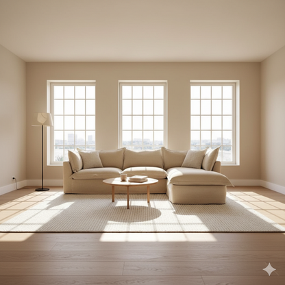 كنبة  حرف L - خشب زان - قماش كتان - بيج - 275x180x80x80 سم