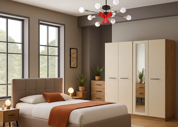 Full Bedroom & Free Chandelier - MDF Wood - Beige & Grey