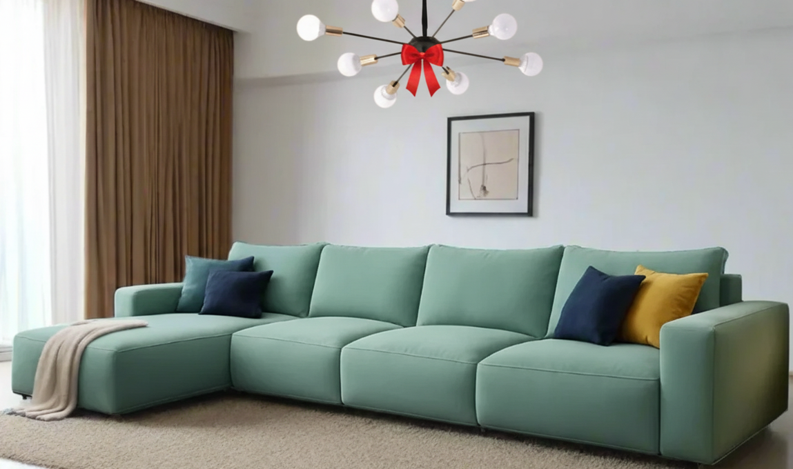Sofa L Shape & Free Chandelier - Beech Wood - Linen Fabric - Green - 350x180x90x75 cm
