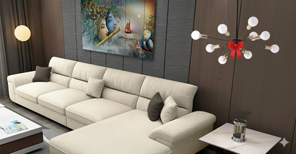 Sofa L Shape & Free Chandelier - Beech Wood - Linen Fabric - Multi Color - 270x180x80x80 cm