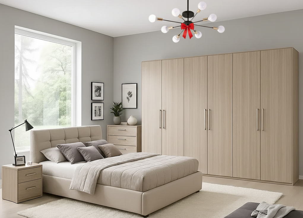 Full Bedroom & Free Chandelier - MDF Wood - White & Beige