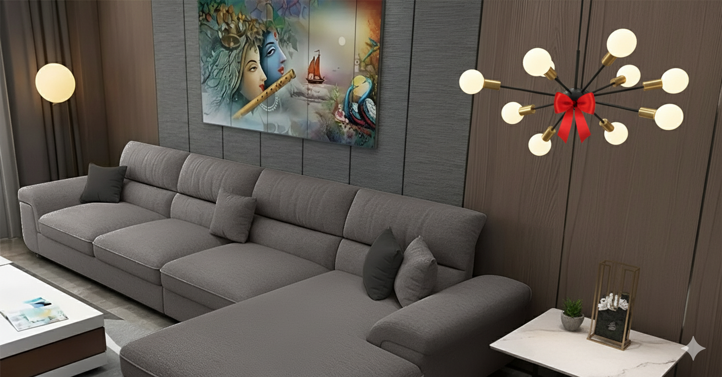 Sofa L Shape & Free Chandelier - Beech Wood - Linen Fabric - Multi Color - 270x180x80x80 cm