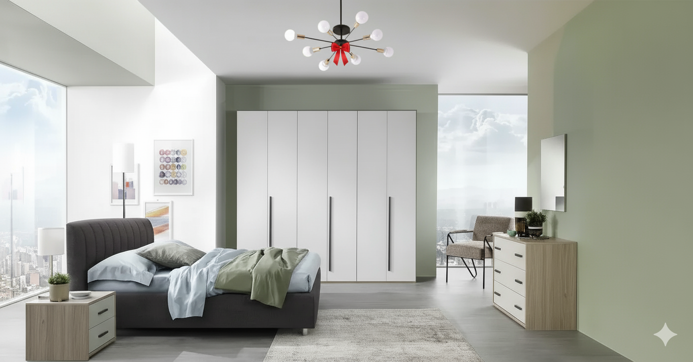 Full Bedroom & Free Chandelier - MDF Wood - White & Grey