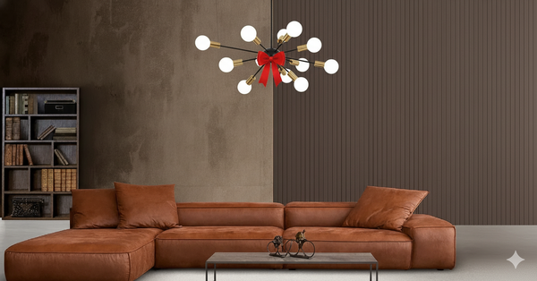 Sofa L Shape & Free Chandelier - Beech Wood - Suede Fabric - Brown - 300x200x90 cm