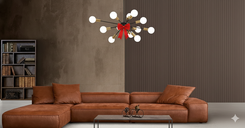 Sofa L Shape & Free Chandelier - Beech Wood - Suede Fabric - Brown - 300x200x90 cm