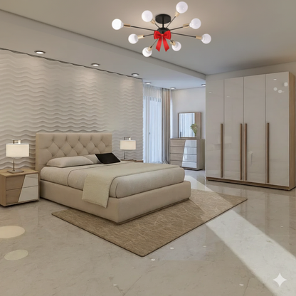 Full Bedroom & Free Chandelier - MDF Wood - White & Beige