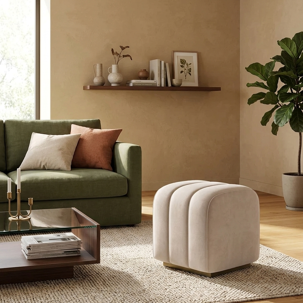 Pouf - velvet- beige- 45x45x40 Cm