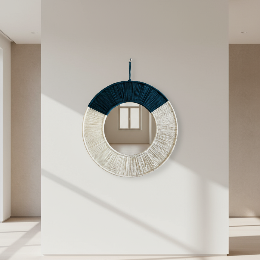 Round mirror with blue and beige frame on a white background