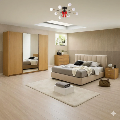 Full Bedroom & Free Chandelier - MDF Wood - Beige & Brown
