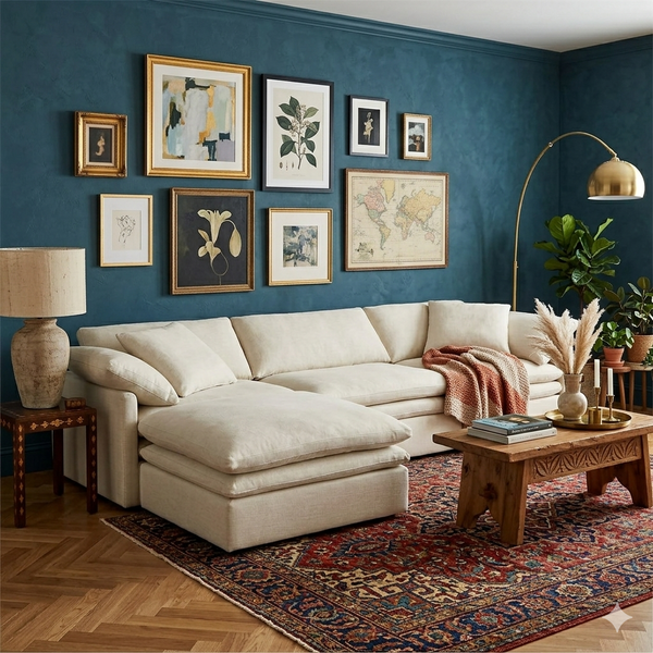 Sofa L Shape - Natural Wood - Multi Fabrics - Beige - 320 x 180 x 90 x 75 cm