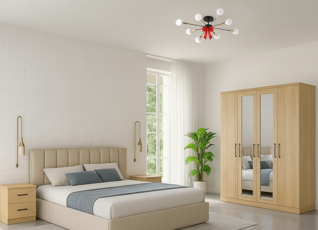 Full Bedroom & Free Chandelier - MDF Wood - White & Beige