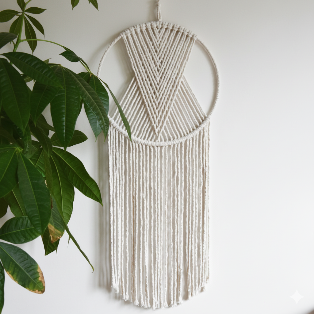 Macrame Wall Decor - Steel & Cotton Yarn - Off White - 70x30 cm