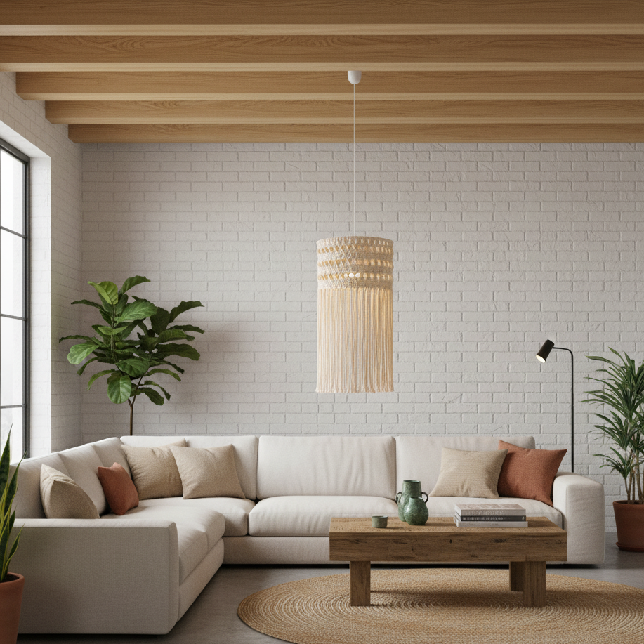 Modern living room with a white sectional sofa, wooden coffee table, and plants.