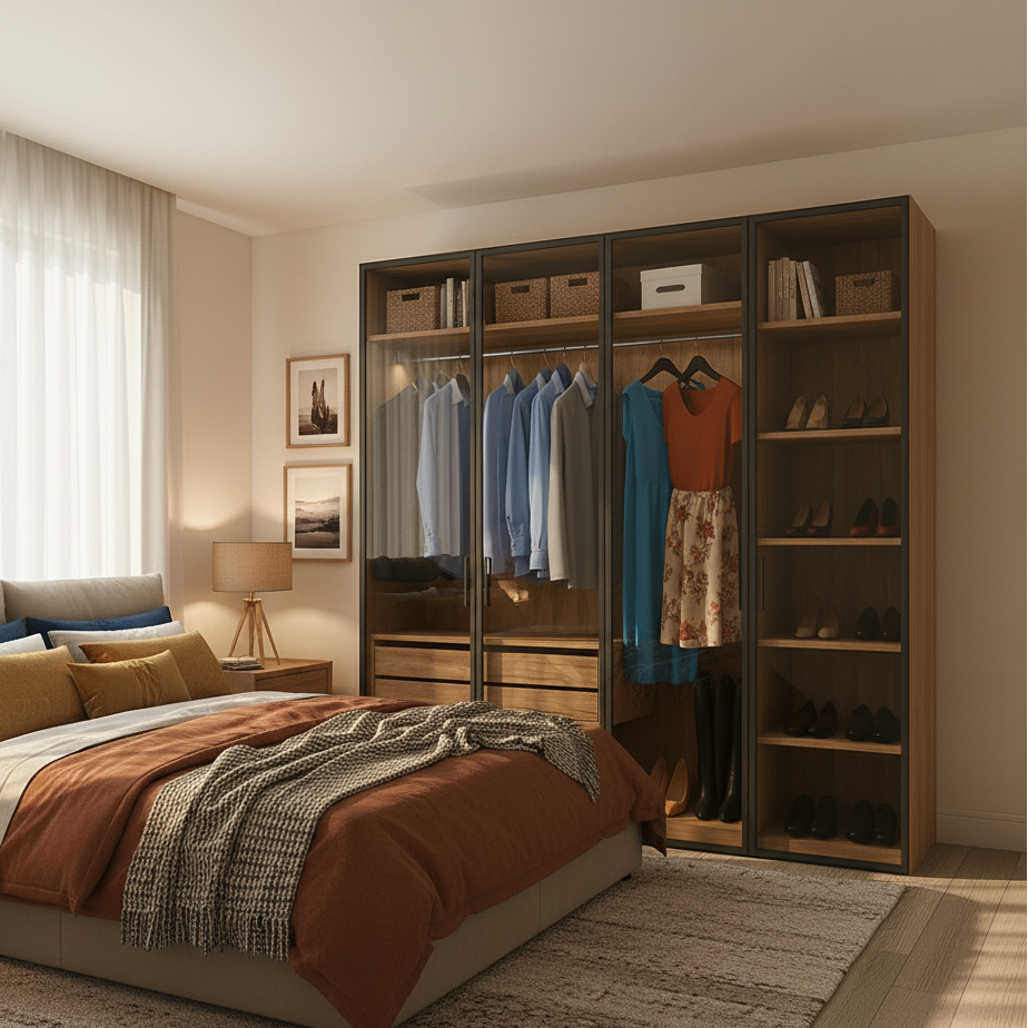 Modern bedroom with a wardrobe displaying clothes and shoes, and a bed with pillows and blankets.