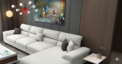 Sofa L Shape & Free Chandelier - Beech Wood - Linen Fabric - Multi Color - 270x180x80x80 cm