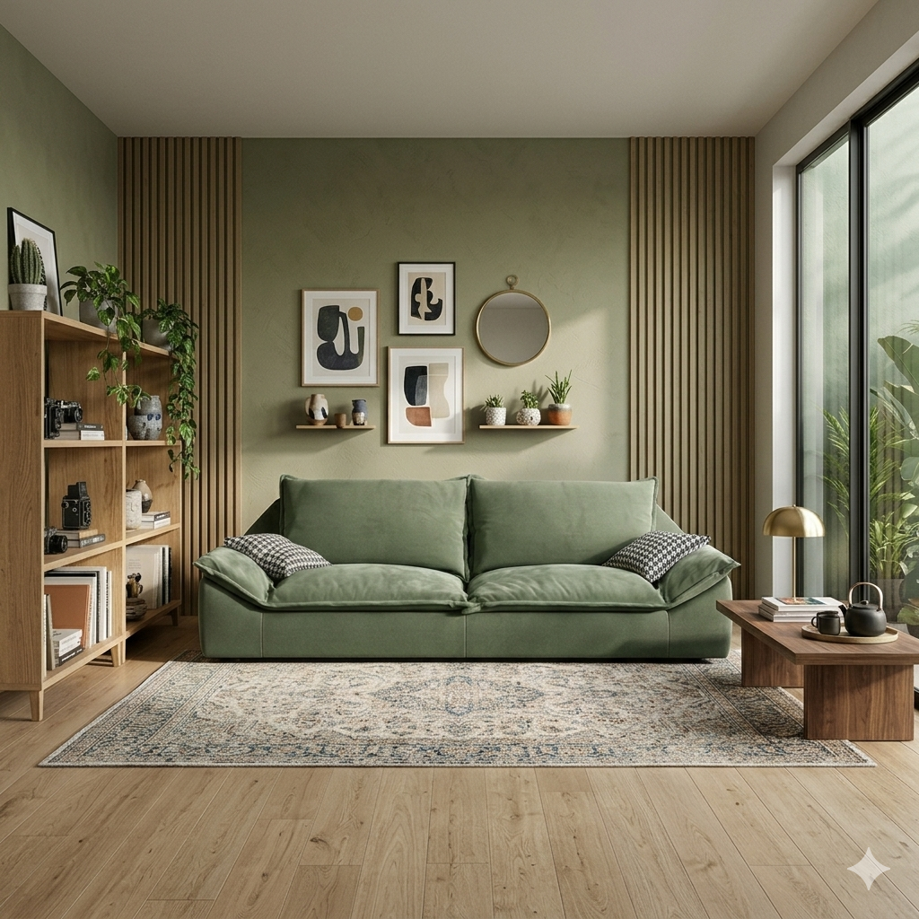 Sofa - Natural Wood - Velvet - Green - 250x90x85 cm