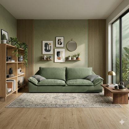 Sofa - Natural Wood - Velvet - Green - 250x90x85 cm