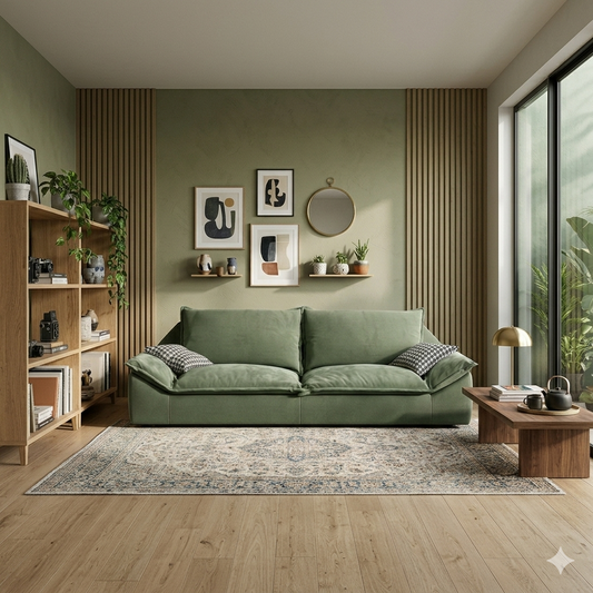 Sofa - Natural Wood - Velvet - Green - 250x90x85 cm