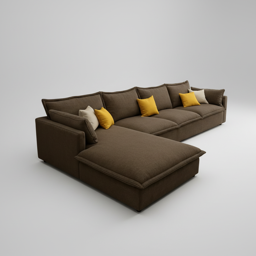 Sofa L Shape - Natural Wood - Linen Fabric - Brown - 300x180x85 cm